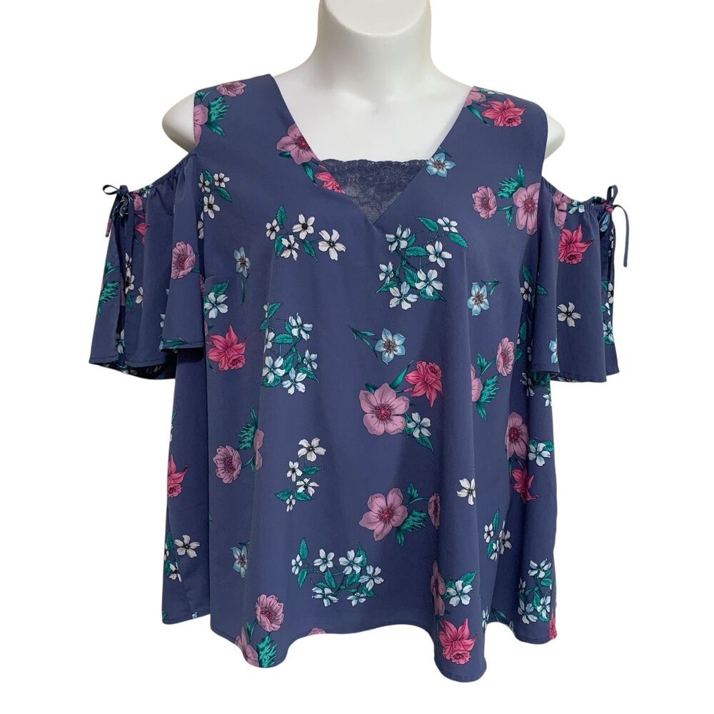 Lane Bryant Blouse Top Cold Shoulder Womens Sz 26 Blue Floral Lined Short Sleeve